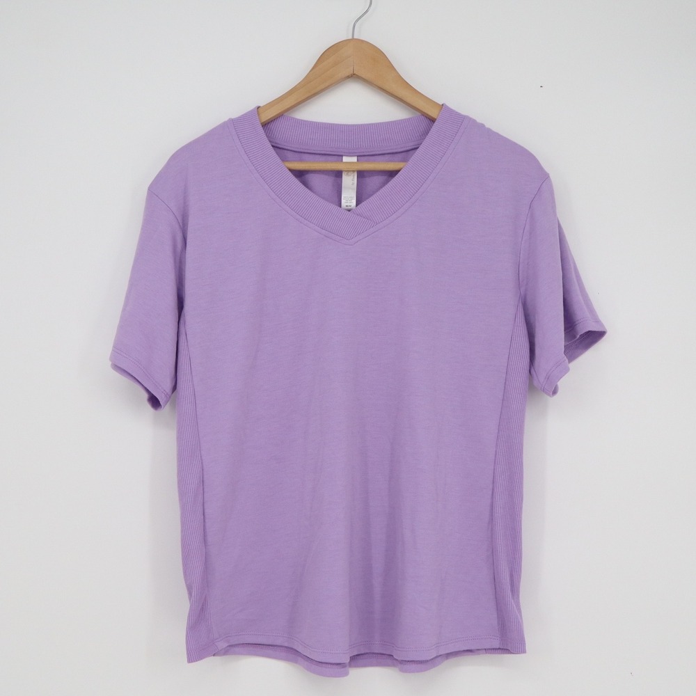 Flora Nikrooz Purple V-Neck Ribbed Trim Lounge Top Short Sleeve Medium